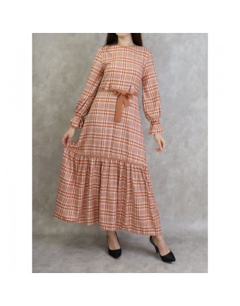 Robe longue à carreaux évasée - Couleur rouille 
