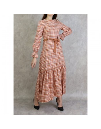 Robe longue à carreaux évasée - Couleur rouille 