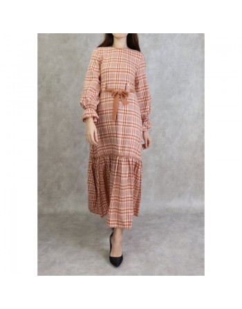 Robe longue à carreaux évasée - Couleur rouille 
