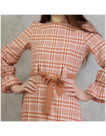 Robe longue à carreaux évasée - Couleur rouille 