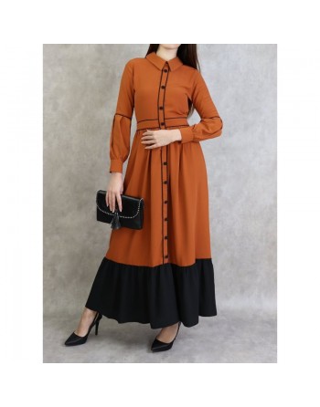 Robe longue évasée bicolore - Couleur rouille 