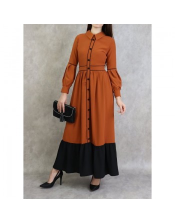 Robe longue évasée bicolore - Couleur rouille 