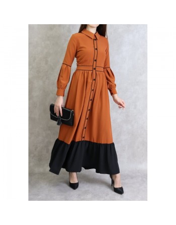 Robe longue évasée bicolore - Couleur rouille 