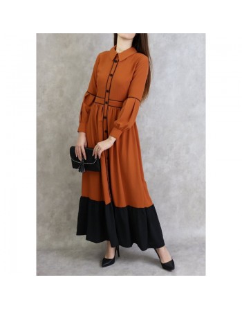 Robe longue évasée bicolore - Couleur rouille 