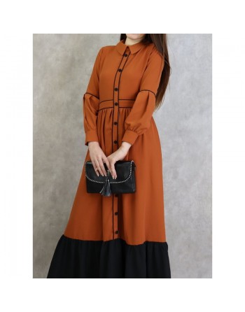 Robe longue évasée bicolore - Couleur rouille 