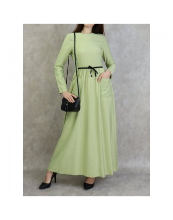 Robe élégante longue et évasée avec lien à nouer à la taille - Couleur Vert pistache clair 