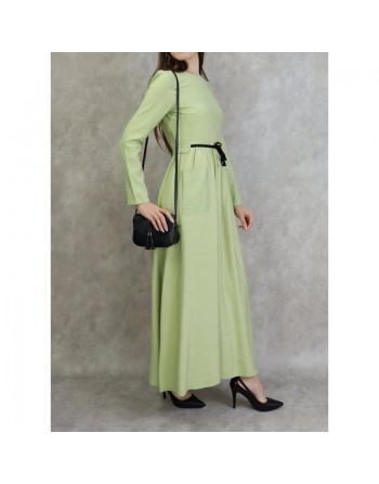 Robe élégante longue et évasée avec lien à nouer à la taille - Couleur Vert pistache clair 