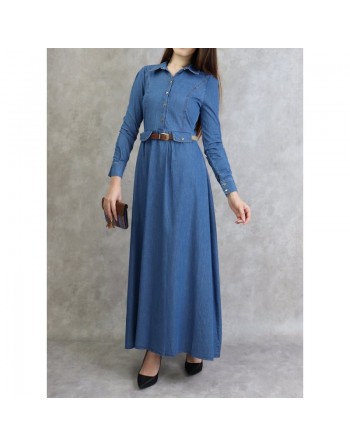Robe longue élégante en Jean avec boutons et ceinture assortie pour femme 