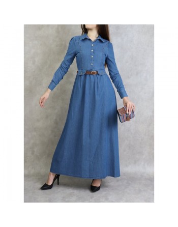 Robe longue élégante en Jean avec boutons et ceinture assortie pour femme 