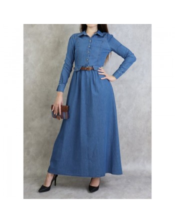 Robe longue élégante en Jean avec boutons et ceinture assortie pour femme 