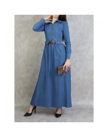 Robe longue élégante en Jean avec boutons et ceinture assortie pour femme 