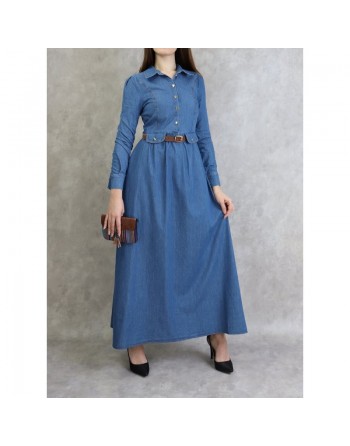 Robe longue élégante en Jean avec boutons et ceinture assortie pour femme 