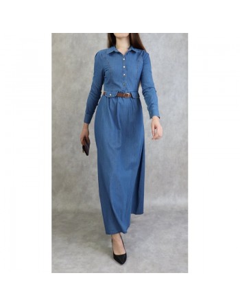 Robe longue élégante en Jean avec boutons et ceinture assortie pour femme 