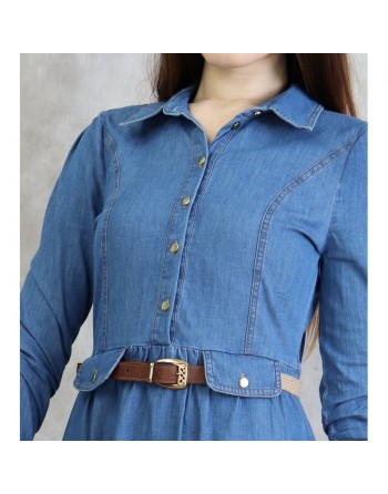 Robe longue élégante en Jean avec boutons et ceinture assortie pour femme 
