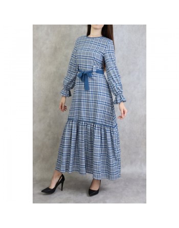 Robe longue à carreaux évasée - Couleur Bleu acier 