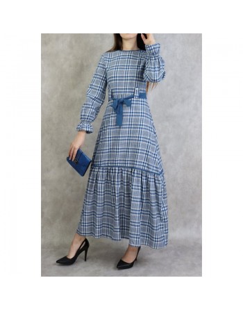 Robe longue à carreaux évasée - Couleur Bleu acier 