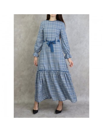Robe longue à carreaux évasée - Couleur Bleu acier 