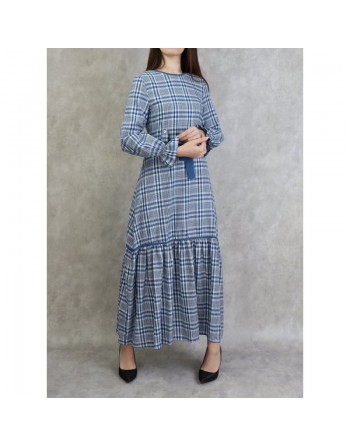 Robe longue à carreaux évasée - Couleur Bleu acier 