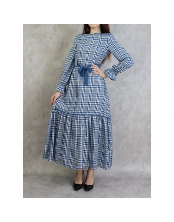 Robe longue à carreaux évasée - Couleur Bleu acier 