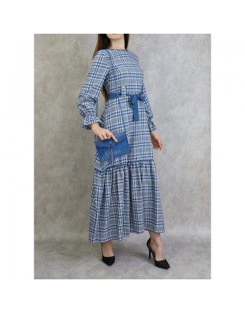 Robe longue à carreaux évasée - Couleur Bleu acier 