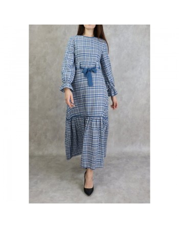 Robe longue à carreaux évasée - Couleur Bleu acier 