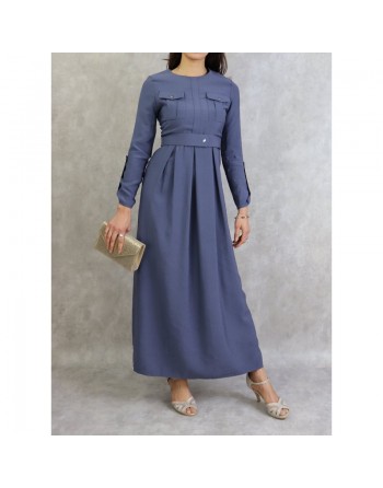Robe longue avec ceinture large à pression (Robes femmes Turquie) - Couleur Bleu acier 