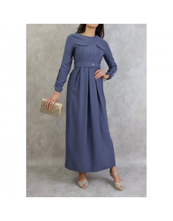 Robe longue avec ceinture large à pression (Robes femmes Turquie) - Couleur Bleu acier 