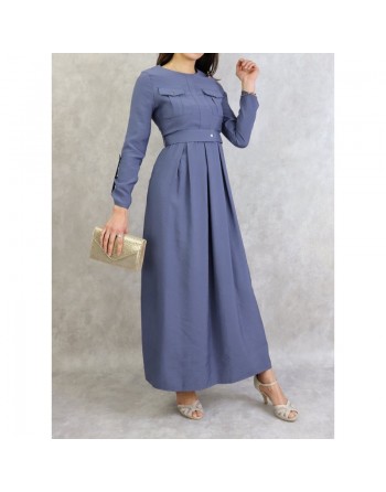 Robe longue avec ceinture large à pression (Robes femmes Turquie) - Couleur Bleu acier 