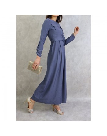 Robe longue avec ceinture large à pression (Robes femmes Turquie) - Couleur Bleu acier 