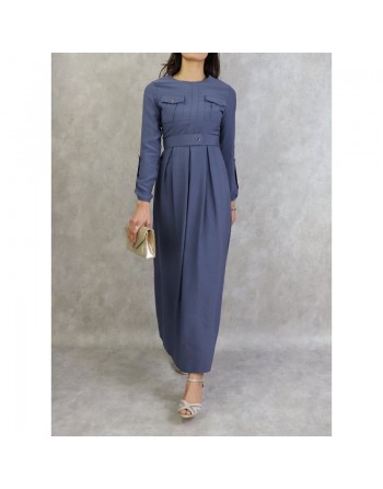 Robe longue avec ceinture large à pression (Robes femmes Turquie) - Couleur Bleu acier 