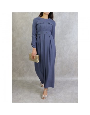 Robe longue avec ceinture large à pression (Robes femmes Turquie) - Couleur Bleu acier 