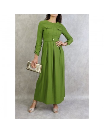 Robe longue avec ceinture large à pression (Vetement Turquie en ligne pour femme à Paris) - Couleur Vert 