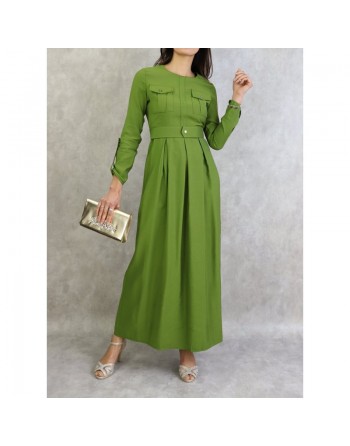 Robe longue avec ceinture large à pression (Vetement Turquie en ligne pour femme à Paris) - Couleur Vert 