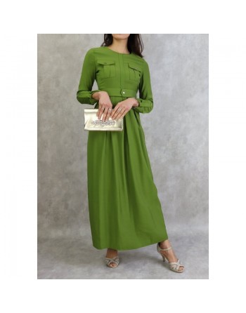 Robe longue avec ceinture large à pression (Vetement Turquie en ligne pour femme à Paris) - Couleur Vert 
