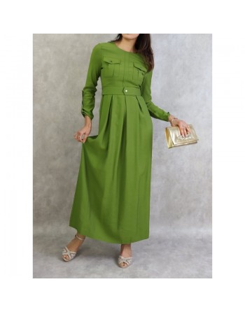 Robe longue avec ceinture large à pression (Vetement Turquie en ligne pour femme à Paris) - Couleur Vert 
