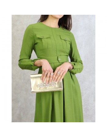Robe longue avec ceinture large à pression (Vetement Turquie en ligne pour femme à Paris) - Couleur Vert 