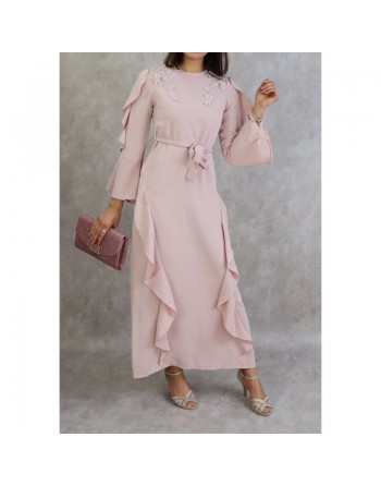 Robe longue à froufrous - Couleur Vieux rose clair 