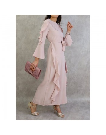 Robe longue à froufrous - Couleur Vieux rose clair 