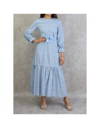 Robe longue à carreaux évasée - Couleur Bleu Ciel 