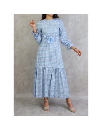 Robe longue à carreaux évasée - Couleur Bleu Ciel 