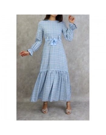 Robe longue à carreaux évasée - Couleur Bleu Ciel 