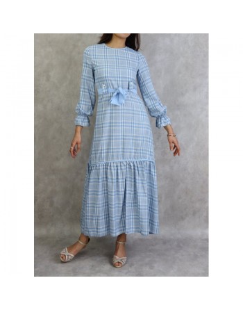 Robe longue à carreaux évasée - Couleur Bleu Ciel 