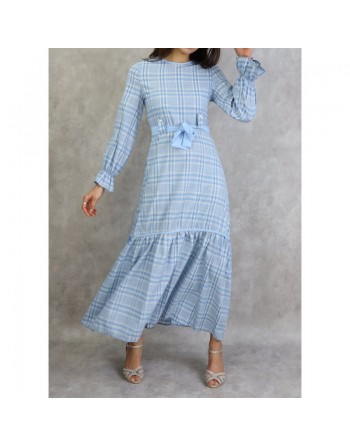 Robe longue à carreaux évasée - Couleur Bleu Ciel 
