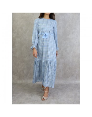 Robe longue à carreaux évasée - Couleur Bleu Ciel 