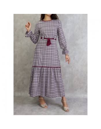 Robe longue à carreaux évasée - Couleur Violet d'vêque 