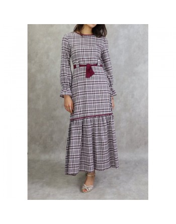 Robe longue à carreaux évasée - Couleur Violet d'vêque 