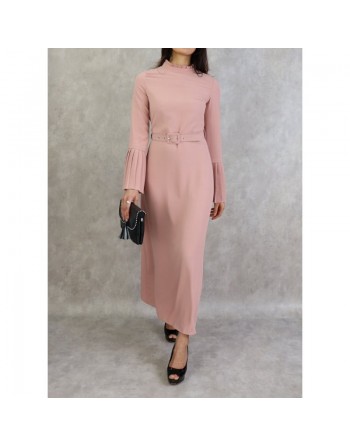 Robe classique et élégante manches plissées - Couleur Rose Clair 