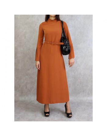 Robe classique et élégante manches plissées - Couleur brique 