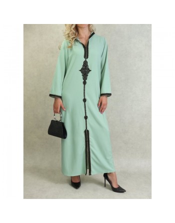 Djellaba marocaine à capuche brodée et décorée de strass - Couleur Vert clair 