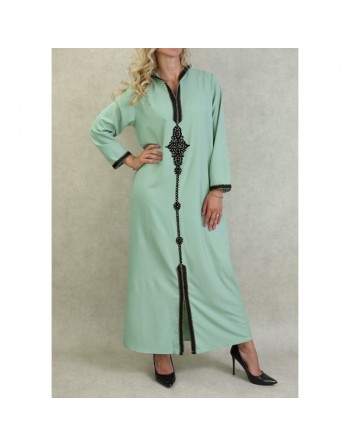 Djellaba marocaine à capuche brodée et décorée de strass - Couleur Vert clair 